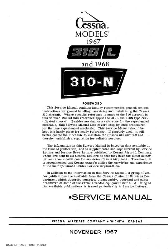 Cessna Models 310L and 310N 1967 thru 1968 Service Manual