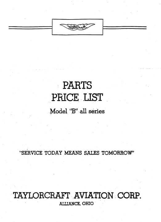 Taylorcraft parts and price list Model -B