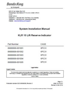 BendixKing KLR 10 Lift Reserve Indicator System Installation Manual