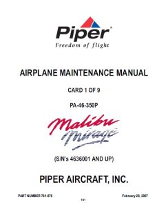 Piper Malibu Mirage Maintenance Manual PA-46-350P, Part # 761-876
