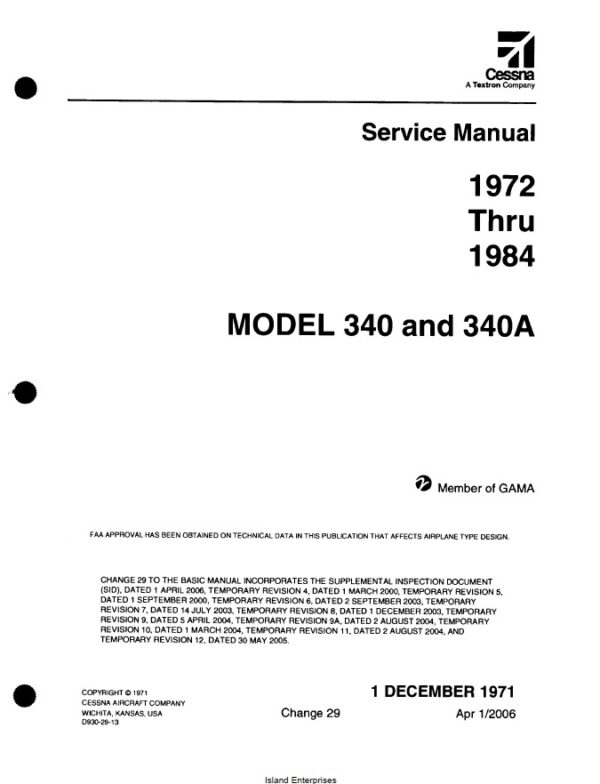 Cessna Model 340 and 340A (1972 thru 1984) Service Manual D930-29-13