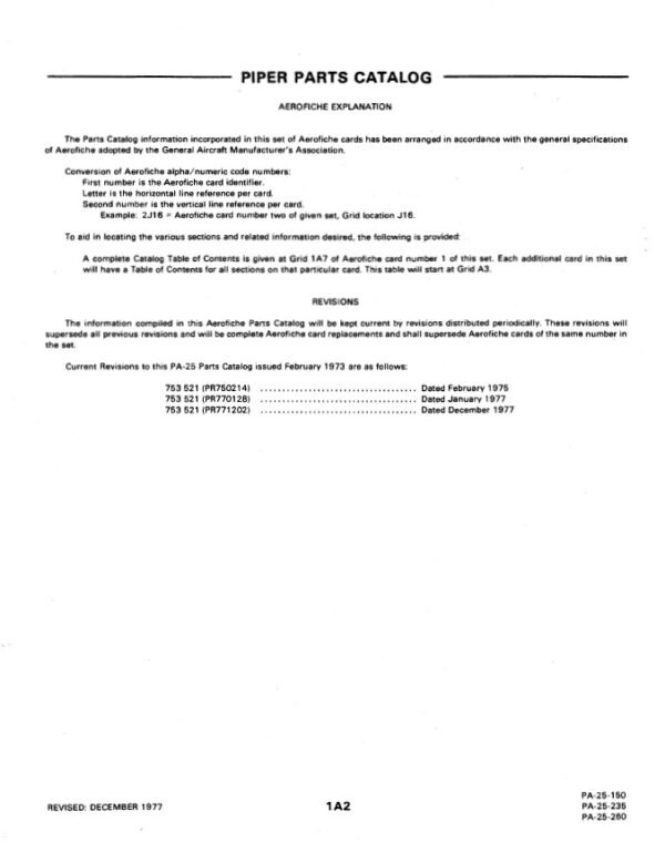 Piper Pawnee Parts Catalog PA-25, 150 235 260 Part Number-753-521.2